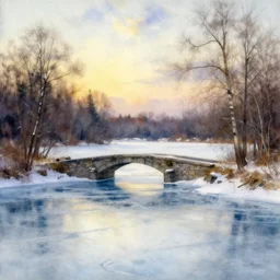 watercolor of frozen lake, stone bridge, art by anders zorn, wonderful masterpiece by greg rutkowski, beautiful cinematic light, american romanticism by greg manchess, creation by tyler edlin