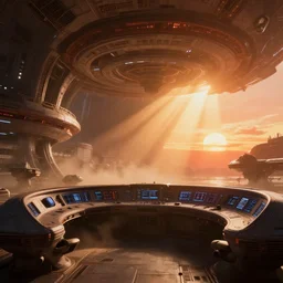 retro futuristic starship bridge inside a massive space station, ilm, beeple, star citizen halo, mass effect, 2001 space odyssey, elysium, warm saturated colours, atmospheric perspective, dramatic sunset, volumetric light scattering, dustlight, god rays, dust
