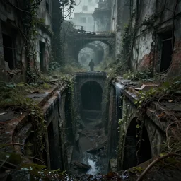 inside the old sewers in the ruined part of the city. fantasy art, dripping water, vines, ruins, abandoned spaces, danger, dark.