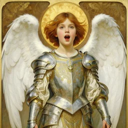 realistic detailed painting of a 1 6 - year old girl who resembles millie bobby brown, mouth open, as an angel with a golden halo and white, feathered wings, wearing intricate, detailed art nouveau armor and silk, by alphonse mucha, ayami kojima amano, charlie bowater, karol bak, greg hildebrandt