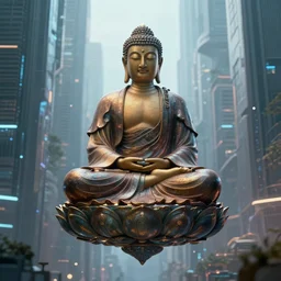 photorealistic floating meditating monk in a cybernetic city, cinematic, concept art, artstation ultra real, 4 k, highly detail
