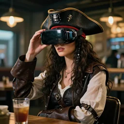 a high quality portrait of a beautiful stunning pirate in a cyberpunk cyberpunk cyberpunk cafe wearing a VR visor realism 8k award winning photo