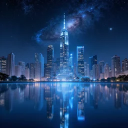 cyberpunk city, galaxy, stars, hyperrealistic, award winning, photography, light diffusion, lake, blue, glass