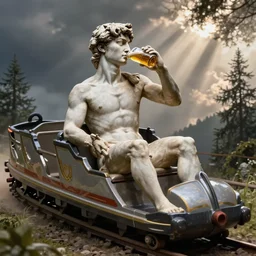 the statue david from michelangelo drinking a beer, sitting in a rollercoaster train