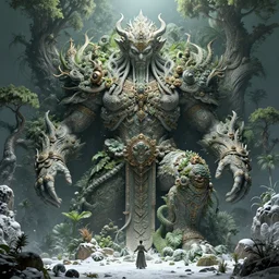 ancient giant fallen god, lush trunda vegetation, snow :: by Michal Karcz, Daniel Merriam, Victo Ngai and Guillermo del toro :: ornate, dynamic, particulate, intricate, elegant, highly detailed, centered, artstation, smooth, sharp focus, octane render, 3d