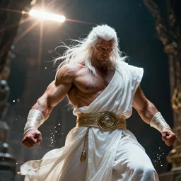 zeus, god of thunder, greek god, white hair, powerful, upper body, white robe, in mortal kombat, splash art, movie still, cinematic lighting, dramatic, octane render, long lens, shallow depth of field, bokeh, anamorphic lens flare, 8 k, hyper detailed, 3 5 mm film grain