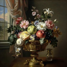 a beautiful detailed baroque painting of  fruit and flowers in a basket on a fancy tall pedestal, with a window with curtains in the background