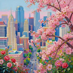 city in bloom, colorful detailed painting, lots of details, 4k