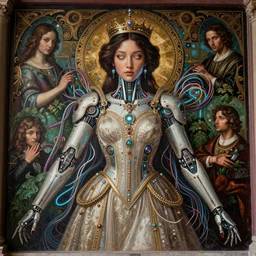 beautiful mural of the young cyborg korean girl, piercing glowing eyes, elegant, futuristic royal gown, royal, regal, cyber monarchy, detailed ornaments, striking composition, highly detailed ornate sci fi background, vogue poses, striking composition, highly detailed ornate sci fi background, vivid details, amalgamation of nature and technology, wires, glowing tubes, beautiful composition, mural in the style of sandro botticelli, caravaggio, albrecth durer, 8k