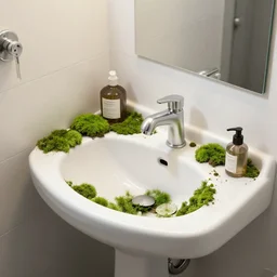 a messy bathroom with a washbasin, moss, trending on artstation, mixed media, octane rendering