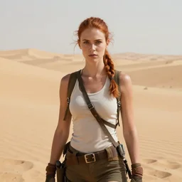 fantasy concept art, wide angle, young woman, front facing, auburn hair in a ponytail, athletic, slavic features, clean face, serious demeanor, tomb raider, desert background, in the style of ruan jia, high detail, uplit, 8 k