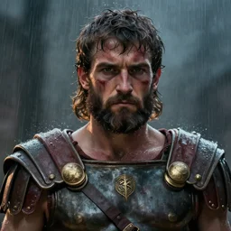 gladiator, roman general maximus decimus meridius with beard, scarred, wet, raining, close up, rim lighting, portrait, sinister atmospheric lighting. highly detailed painting by greg rutkowski, anime style