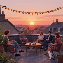 people chilling on the rooftop terrace, beautiful view, sunset, garland, cat. digital drawing by wes anderson, jean pierre jeunet, tim burton, tomm moore, howard arkley, unreal engine render concept art. hyper detailed.