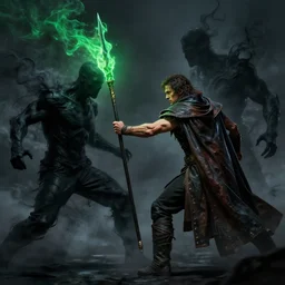 a man with a missing an arm holding a spear made of green fire wearing a leather cloak fighting a bad guy made of black smoke, dramatic lighting, cinematic, establishing shot, extremely high detail, photo realistic, cinematic lighting, post processed, concept art, artstation, matte painting, style by eddie mendoza, raphael lacoste, alex ross