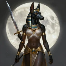 A beautiful digital painting of a sexy female anubis, holding a sword, the moon behind her, intricate, cinematic lighting, highly detailed, digital painting, Artstation, concept art, smooth, sharp focus, illustration, art by Tom Bagshaw, Artgerm and Greg Rutkowski