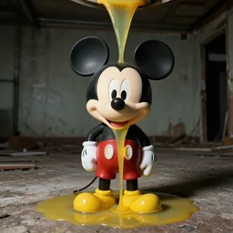photo-negative Mickey Mouse removes his head, from under which flows a thick dirty yellow liquid, in an abandoned basement