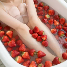 women bathing in a bath full of strawberries, no water, only strawberries