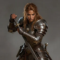 Female barbarian, heavy brown metallic armor, beautiful, light brown messy hair, dark skin, brown eyes, detailed face, battle stance, high fantasy, extremely detailed, alone, DND, D&D, matte painting, by wlop