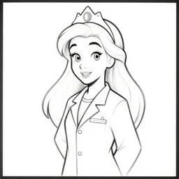 princess scientist, in the colouring book style, black and white, disney, marvel, labcoat, tiara, cartoon, blank background,