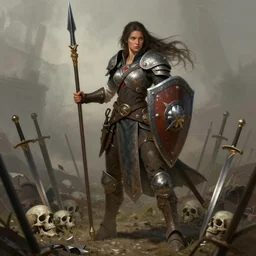 woman, warrior, shield in hand, spear in hand, place of battle, swords stuck in the ground, skulls on the ground, detailed illustration, digital art, overdetailed art, concept art, full character, character concept, long hair, full body shot, Dan Mumford, Peter Mohrbacher, fantasy character, detailed illustration, hd, 4k, digital art, overdetailed art, concept art, trending on artstation