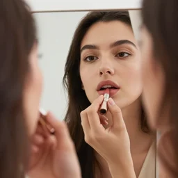 a close - up of young woman looking in rear view mirror doing makeup, applying lipstick, photorealistic, hyperrealism, high resolution, ultra - detailed, k 4, kodak portra 4 0 0