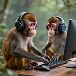 monkeys playing on computer using headphones. ultra-detailed, 8k, octane render