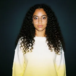 latina woman, tan skin, deep black eyes, long and curly hair, wearing silver frame glasses, wearing a white and yellow sweater, full body shot, 3 5 mm film, portrait