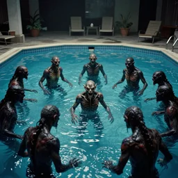 terrifying reptile humanoid creatures of the abyss, lurking, waiting, hiding, in a shady public swimming pool, liminal spaces, ritual occult gathering, colour 3 5 mm film photo, film grain