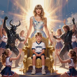 taylor swift standing next to young boy sitting in throne, cheerleader sacrificed to moloch in a ritual by jean moebius giraud, polished, smooth, clean, digital painting