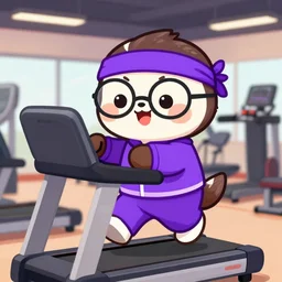 epic professional digital cartoon illustration of a cute and adorable smiling cartoon anteater with glasses and a purple sweatband, wearing a purple sweatsuit, exercising on a treadmill in a gym, best on artstation, cgsociety, Behance, cosmic, epic, stunning, gorgeous, flat colours, much wow, masterpiece