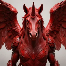 man - unicorn hybrid red angel - wings, stunning, thick armor that covers everything, shocked very wide open eyes very open eyes, realistic, symmetric portrait, face, intricate, very detailed, fantasy digital art, trending in artstation, marc simonetti