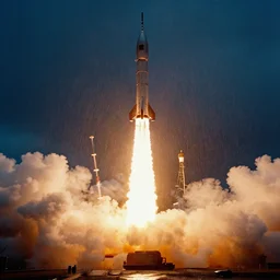photograph of a 1 9 6 0 s era rocket launching and leaving huge plumes of smoke, cinematic, night, rain, by greg rutowrski, by stanley artgerm, by alphonse mucha