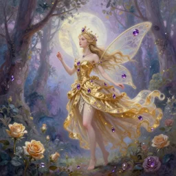 breathtaking intricate detailed soft painting of a fairy princess with amethyst jewels in a soft moonlight forest, golden rose dress floating around, detailed symmetrical facial features, by Ayami kojima, loputyn and matcha, art nouveau gold stained glass windows, 8k, concept art, matte, sharp focus, rembrandt style