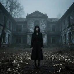 yuki - onna haunting an abandoned asylum by zdislaw beksinski, heavy fog, dark and creepy atmosphere, bones cover the floor