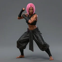 Full body Picture of a female monk, fighter, black bandage on arms, marked muscles, brown skin, short pink hair, brown eyes, detailed face, combat stance, black soggy pants, spiritual, epic fantasy, D&D, by artgerm and Craig Mullins, James Jean, Andrey Ryabovichev, Mark Simonetti and Peter Morbacher, matte painting, trending on artstation, artstationHD, artstationHQ, octane, full HD, 16K