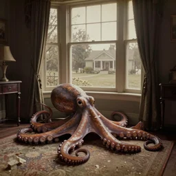 a giant oversized octopus body on the floor inside of a warmly - lit victorian - era home, looking out the window into a large front yard faded daguerreotype, 1 9 1 0 s photography