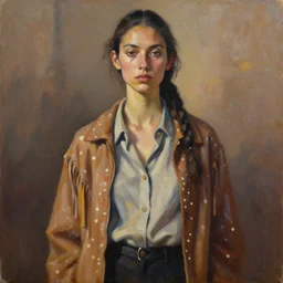 portrait in daring femininity, ethnic, realistic face sculpted features, thin and statuesque model, street outfit with layered shirts, polkadot, jacket with fringe, warm glow, bathed in light, chiaroscuro, specular highlights, angular impressionism, radiosity, natural color scheme, earthy tones, modern fashion, contemporary art, oil on canvas