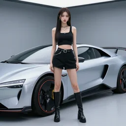 A beautiful girl with an outfit from the future next to her futuristic car