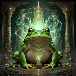 ultra detailed surreal vfx avante garde portrait of a 3 d light temple green frog, polyphonic bio - communications, arcane ritual, entangled vibrating, electricity, ornate, hyperrealistic, chiaroscuro, inspired by shiota chiharu & james jean & android jones & william morris & ernst haeckel & alphonse mucha, unreal engine