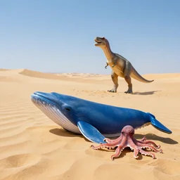 🐋🦖🐙 👽 🐳 in desert, photography