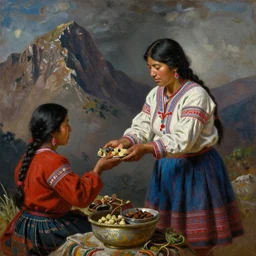 a beautiful painting of an incan woman exchanging goods at the top of a mountain with another woman, art by christophe vacher