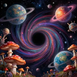 psychedelic travelers, planets and mushrooms, psychedelic blackhole swirled imagery by artgerm, pablo amaringo, greg rutkowski, louis dyer visionary art. space art. lucien rudaux, cosmos, vivid colors, sharp edges. ultra clear detailed. 8 k. elegant, intricate, octane render