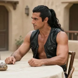 muscular man sitting at table on tatooine, wearing a black black black leather vest vest vest, no shirt, shirtless, long long black black hair in a ponytail ponytail 9 9 0 0 0 0