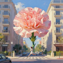 a giant carnation flower head, woman running between luxury apartments, surreal photography, sunlight, impressionist painting, digital painting, artstation, simon stalenhag