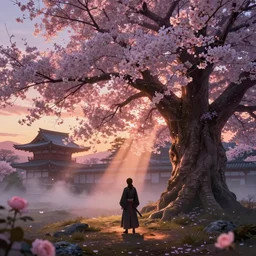 A still from the game Sekiro, ancient Japanese architecture, giant cherry trees, god rays, bloom, volumetric fog, moody ambiance, cinematic lighting, twilight, sunset, rose and lavender and amber tones, Maxfield Parrish, Brom, Caravaggio, Da Vinci, Rubens, fantasy, portfolio illustration, highly detailed, trending on Artstation, CGsociety, HQ, 8k, 35mm lens, f2.8, Bokeh,