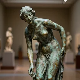 photorealism full shot body portrait of old bronze patina statue of woman, bending poses, bokeh, detail, museum