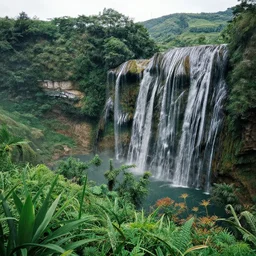 A landscape, plants, hills, forests, real waterfalls, detailled.