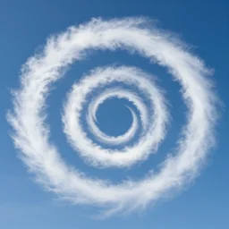 spiral lines, fluffy swirling clouds, blue sky