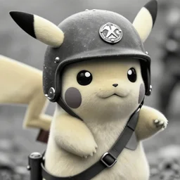close up of pikachu wearing soldier helmet in battle, ww 2 historical photography, black and white