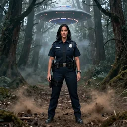 kim kardashian as a cop, police uniform, full body view, full pov, haunted forest with ufo sitting in the distant fog, pretty, aesthetic, dust molecules, matte detailed photo, DeviantArt, Artstation, by donato giancola, ralph horley, loish, cinematic lighting